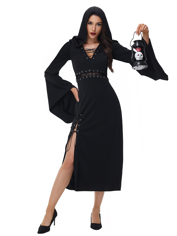 Gothic Black Hooded Long Dress - Women Witch Vampire Bride Costume